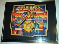 Image # 62297: Gold Ball Final Backglass Concept Artwork 
(Artist is Tony Ramunni.Paint on posterboard.Approximate dimensions 13 by 14 inches.Metal frame is 16 1/2 by 20 1/2 inches.Concept artwork presented to Bally executives for their approval.)