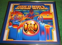 Image # 62298: Gold Ball Original Backglass Artwork 
(Artist is Tony Ramunni.Watercolor on posterboard.Dimensions 26 by 29 inches.Metal frame is 30 by 33 inches.This is the painting from which all of the backglasses for the game were produced. This painting has been professionally double matted and framed; the inner matte is red and the outer matte is blue.)