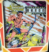 Image # 65297: Golden Arrow Sample Game - Backglass 
(The red areas of this backglass have faded to white. Serial number 01002S.)