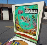Image # 53796: Atlantis Early Production Backglass 
(The green lines on the backbox front appear to have been repainted. Serial number 01110.)