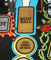 Image # 33092: Guns N' Roses Sample Game - Inserts 
(On production games, the round insert indicates 'Multiball' while the rectangular one contains a cross design and indicates 'Add Band Member'. Game has serial number 110878 manufactured May 23, 1994.)