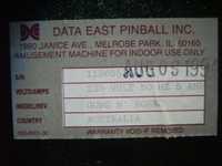 Image # 33425: Guns N' Roses Game Sticker 
(Game has serial number 113655 dated Aug 9, 1994.)