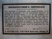 Image # 50275: Happy Clown Manufacturer's Certificate 
(Serial number 08505.)