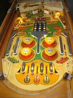 Image # 40005: Auto Race Playfield - Downfield View 
(The red pop bumpers platters shown in this game are not the original color used by the manufacturer..)