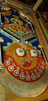 Image # 73383: Happy-Go-Lucky Playfield - Downfield View 
(The pop bumpers, blue apron, and insert numbering are reproductions. This image is included to show the four upper playfield slingshots in relation to the pop bumpers.)
