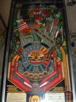 Image # 46066: High Speed Playfield 
(The orange triangular light shield in the upper left playfield is not original to this game.)
