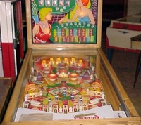 Image # 9549: Hi Straight Cabinet - Front View 
(The five blue posts in the lower playfield and the two red posts above them are not original to this game. The outside left and right outlanes each had its original red post moved over slightly and a white post added in its vacated space.)