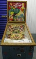 Image # 43573: Hi Straight Cabinet - Front View 
(The four red posts between the flippers are not original to this game. Two of the four yellow outlane ball guides (and a post for each) are missing from this game.)