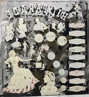 Image # 80312: Hit Parade Backglass - Reverse 
(Most paint has peeled. This glass is resting on a gray background.)