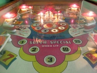 Image # 66340: Holiday Illuminated Upper Playfield 
(The flipper rubbers shown here are different than what the factory used. Serial number 41326.)