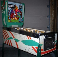 Image # 23982: Home Run Cabinet - Left 
(The cabinet body, coin door, and playfield are 'Home Run'. Inexplicably, the backglass and backbox insert are 'Play Ball'.)