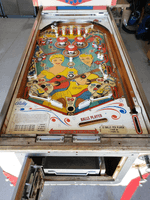 Image # 83728: Hootenanny Playfield 
(The factory mushroom bumper was replaced on this game with a rollover button. The coin door and legs have been repainted. Serial number H 1759.)
