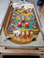Image # 83729: Hootenanny Playfield - Downfield View 
(The factory mushroom bumper was replaced on this game with a rollover button. The coin door and legs have been repainted. Serial number H 1759.)