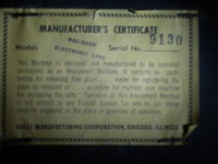 Image # 46466: Baby Pac-Man Manufacturer's Certificate 
(Serial number 9130.)