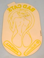 Image # 70328: Bad Cats Promotional Decal 
(This clear decal is reverse-printed to go inside the playfield glass. The factory part number is 31-1526-575-1-SP. Measures approximately 10 x 6 inches. The tab at the top allows easy removal of the paper backing.)
