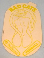 Image # 70330: Bad Cats Promotional Decal - Image Reversed 
(This clear decal is reverse-printed to go inside the playfield glass. The factory part number is 31-1526-575-1-SP. Measures approximately 10 x 6 inches. The tab at the top allows easy removal of the paper backing.)