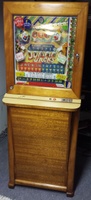 Image # 63414: Jumpin' Jacks Cabinet - Front View 
(The playfield glass has had its paint damage retouched in both its upper and lower areas.)