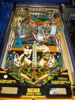 Image # 32861: Jungle Lord Playfield - Plastics Removed 
(The horizontal plastic shields have been removed to show the post positions and rubber ring placement.)