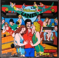 Image # 42531: Laser Ball Pre-Production Backglass 
(In the center is Mike Stroll, Company President, with models Nancy Rudd and Nancy Trit. The dark-haired man on the left is artist Connie Mitchell. The green-shirted man on the right is Engineering Manager Chuck Bleich. The red-shirted man on the right possibly is artist Tony Ramunni.)