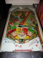 Image # 30687: Loop the Loop Playfield 
(In this example, the left outlane insert is green, while the right outlane insert is red. This is opposite of other games. The red post in playfield center is not original to this game.)
