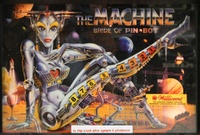 Image # 61117: The Machine: Bride of Pin�bot Illuminated Backglass 
(A small white sign has been taped to this backglass.)