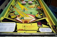 Image # 18033: Bally Hoo Lower German Playfield 
(The bumper caps on this game are incorrect. The original caps had no printing on them.)