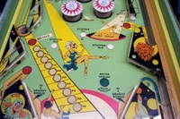Image # 18034: Bally Hoo Center German Playfield 
(The bumper caps on this game are incorrect. The original caps had no printing on them.)