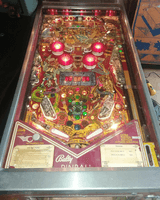 Image # 79557: Medusa Illuminated Playfield 
(The visible drop target is not original to this game. The post between the flippers is not original to this game. Serial number EME1491.)