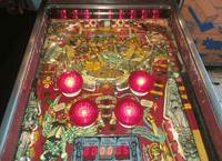 Image # 79558: Medusa Illuminated Upper Playfield 
(The visible drop target is not original to this game. Serial number EME1491.)