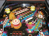 Image # 26033: Meteor Upper Playfield 
(The spinning target is not original to this game.)