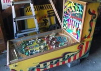 Image # 61253: Band Leader Cabinet - Right 
(The five posts below the pop bumpers incorrectly share a single rubber ring. Two of the white posts have been moved from their original factory positions. The six metal post spacers are missing from this playfield.)