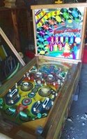 Image # 61254: Band Leader Cabinet - Front View 
(The five posts below the pop bumpers incorrectly share a single rubber ring. Two of the white posts have been moved from their original factory positions. The six metal post spacers are missing from this playfield.)