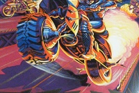 Image # 71172: Motordome Original Backglass Artwork - Detail 
(Artist is Tony Ramunni. Watercolor on posterboard.Dimensions 26 inches by 24 inches. Metal frame is 29 by 31 inches.)