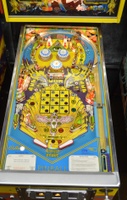 Image # 62280: Mystic Early Production Playfield 
(The center blue drop target and the small black start button to the left of the coin door are not original to this game. We do not know why the lower pop bumper cap art is a different style. Serial number EMY 1003.)