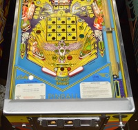Image # 62282: Mystic Early Production Lower Playfield 
(The center blue drop target and the small black start button to the left of the coin door are not original to this game. Serial number EMY 1003.)