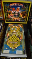 Image # 62293: Mystic Early Production - Front View 
(The center blue drop target is not original to this game. We do not know why the lower pop bumper cap art is a different style. Serial number EMY 1003.)