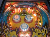Image # 10507: Mystic Early Production Upper Playfield 
(This is from the game with serial number EMY1060, the 60th game produced. The center drop targets have the wrong design for this game.)