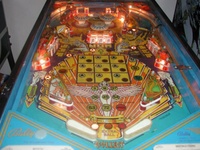 Image # 10508: Mystic Early Production Lower Playfield 
(This is from the game with serial number EMY1060, the 60th game produced. The center drop targets have the wrong design for this game.)