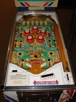 Image # 48722: North Star Sample Game - Playfield 
(The two passive bumpers at the very top of the playfield have blue skirts. Their caps should also be blue. Cabinet has partial serial number ending with '076 S'.)