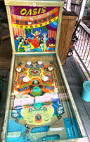 Image # 79154: Oasis Cabinet - Front View 
(The toggle switch above the backglass is not original to this game. The cabinet has been stripped of its paint.)