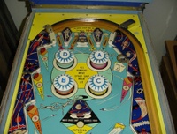 Image # 23061: On Beam Later Production Upper Playfield 
(Serial number 2214. Note: this game was produced with stationary targets in place of mushroom bumpers.)