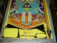 Image # 23062: On Beam Later Production Lower Playfield 
(Serial number 2214. Note: this game was produced with stationary targets in place of mushroom bumpers.)