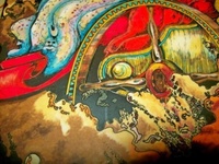 Image # 67168: Pharaoh Original Backglass Artwork - Detail 
(Artist is Seamus McLaughlin.Media unconfirmed.Dimensions 24 1/2 inches by 28 1/2 inches.)