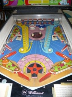 Image # 42735: Planets Playfield - After-Factory Pop Bumpers 
(The pop bumpers are not original to this game. The center spinning disk came from the factory with only one post on it. From the game with numbers 99609 and 99611.)