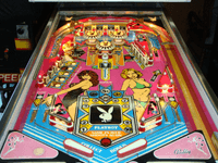 Image # 76158: Playboy NOS Fully Equipped Playfield 
(This photograph was made in 1998. The previous owner had removed the NOS pop bumper caps before sale so the ones shown here were taken from another game in used condition. A post is missing above the left outlane.)