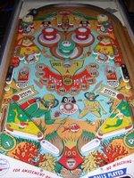 Image # 32640: Reserve Early Production Playfield 
(The background color is blue, the slingshot plastics have green, and several inserts are translucent, not tranparent. Serial number 57400.)