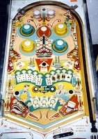 Image # 1872: River Boat Playfield 
(On this playfield, the green posts located to the left of the pop bumpers were inadvertently switched with the yellow posts on each side of the upper right green target.)
