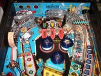 Image # 31945: Robocop Upper Playfield 
(The center yellow target at the bottom of this picture is the wrong shape for this game.)