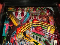 Image # 38881: Rollergames Upper Playfield 
(The rose-colored plastic above the green drop targets is not original to this game.)