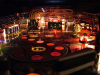 Image # 38888: Rollergames Illuminated Ball View 
(The rose-colored plastic above the green drop targets and below the pop bumper cap is not original to this game.)